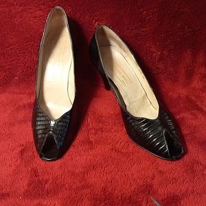 Bruno Magli black lizard open toed pump. Made in Italy.